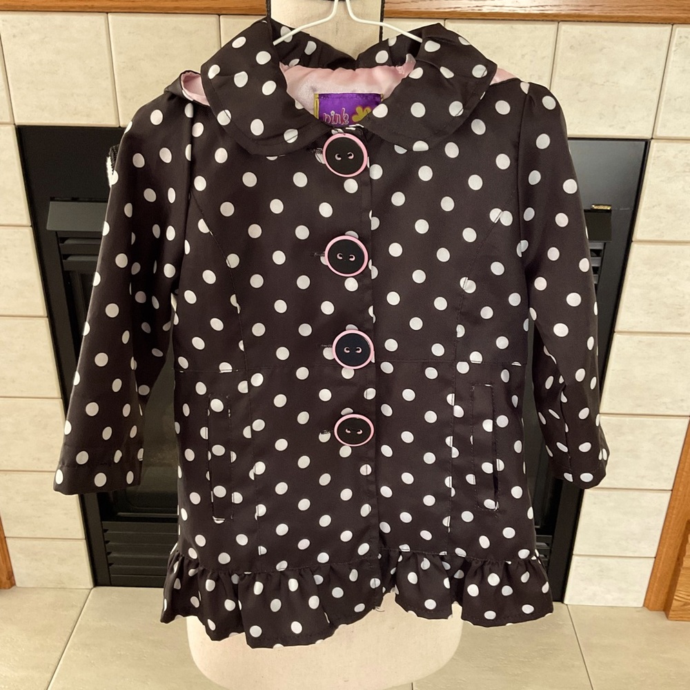 Pink Platinum Hooded Black/White Polka-Dot Coat, Little Girls Sz 2T